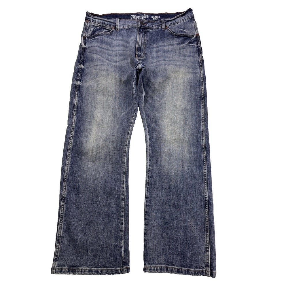 Wrangler Retro Jeans Men's 36x30 Blue Relaxed Boot Whisker Distressed Denim
